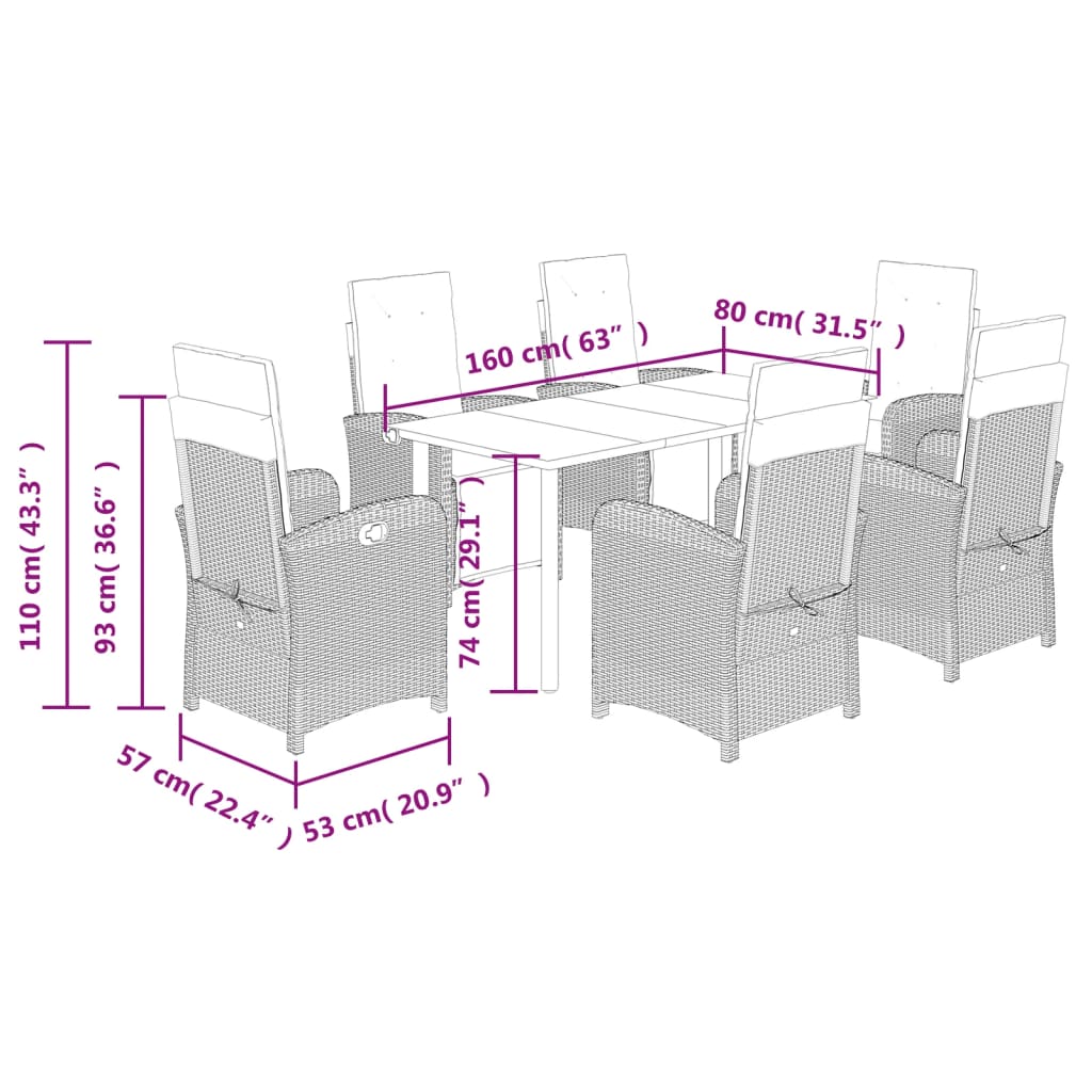 Set mobilier de gradina cu perne, 7 piese, maro, poliratan — imaginea 9