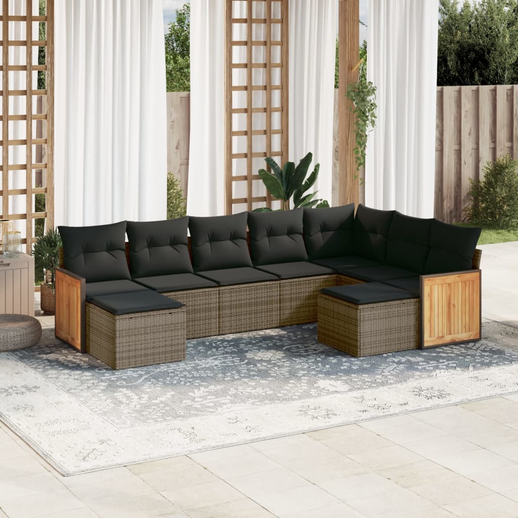 Set canapele de gradina, 9 piese, cu perne, gri, poliratan — imaginea 2
