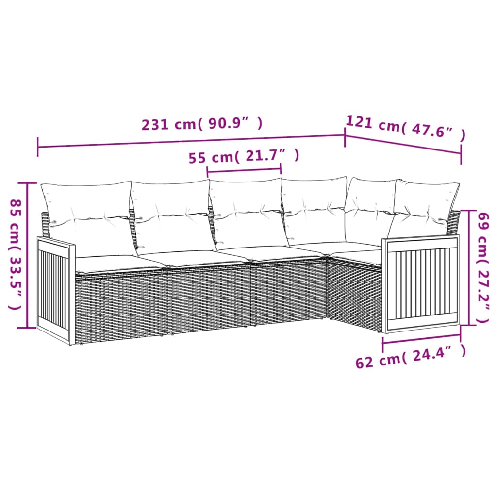 Set mobilier de gradina cu perne, 5 piese, negru, poliratan — imaginea 3