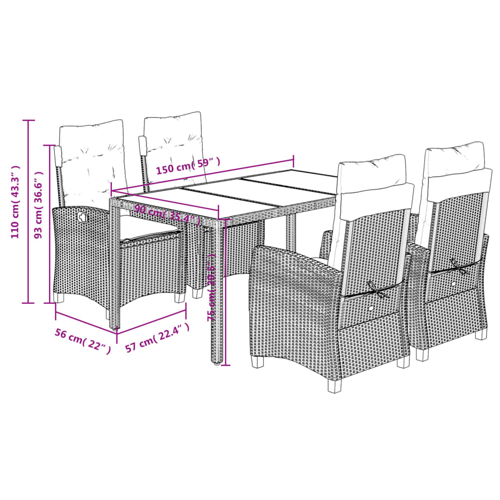 Set mobilier de gradina cu perne, 5 piese, negru, poliratan — imaginea 9