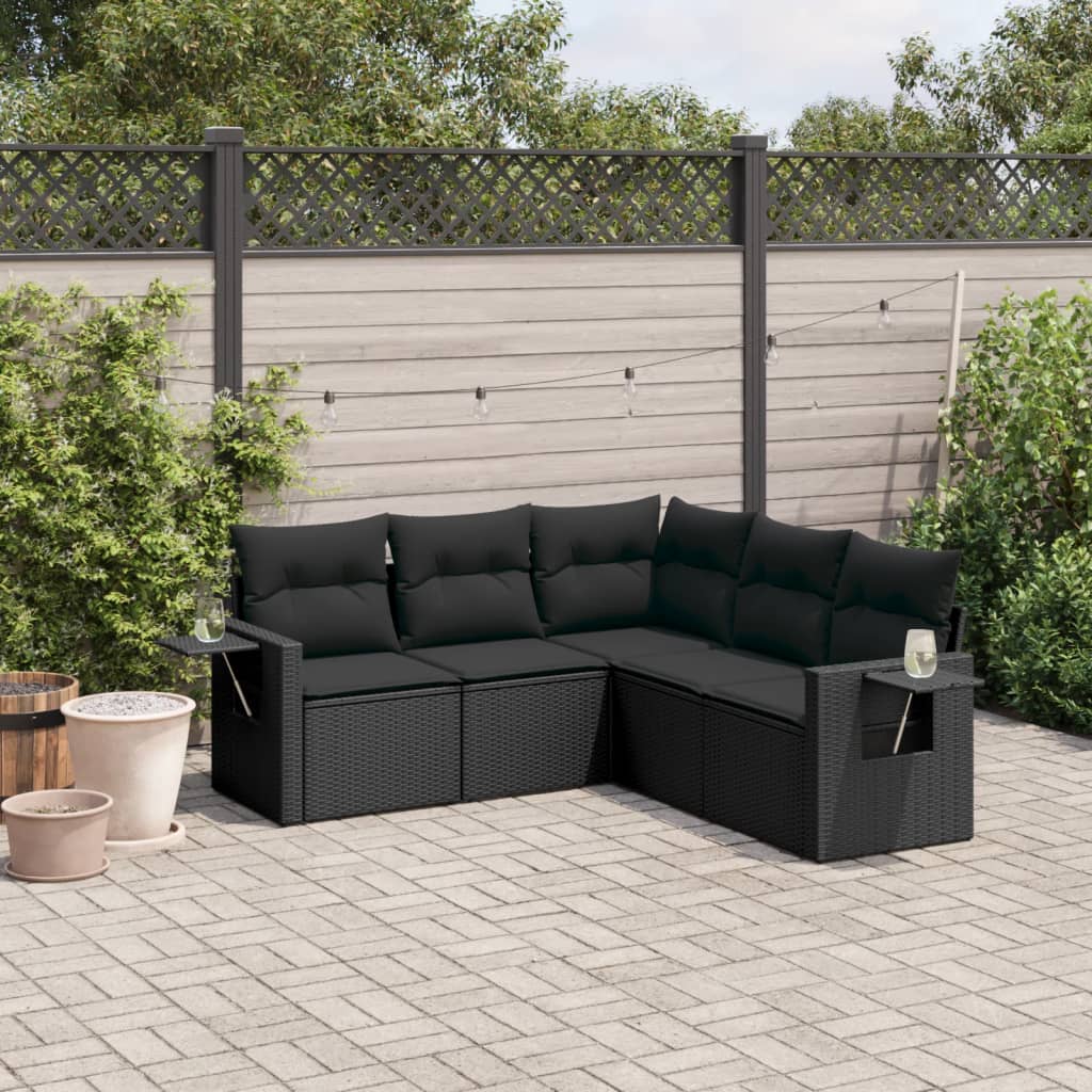 Set mobilier de gradina cu perne, 5 piese, negru, poliratan — imaginea 2