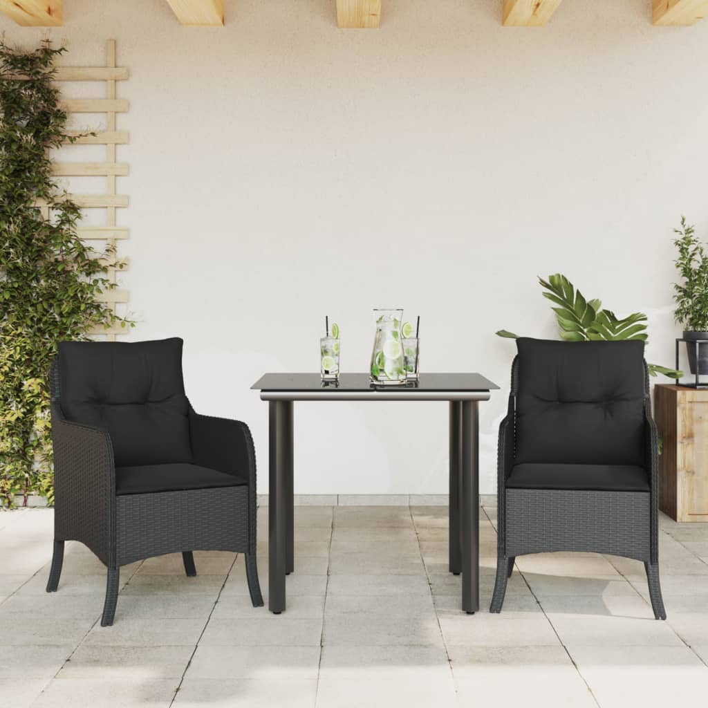 Set mobilier de gradina cu perne, 3 piese, negru, poliratan — imaginea 2