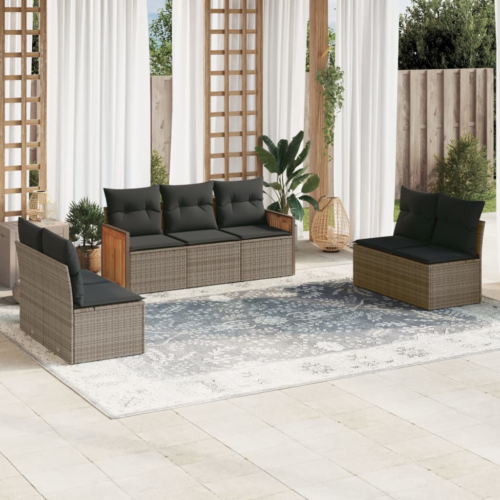 Set canapele de gradina, 7 piese, cu perne, gri, poliratan — imaginea 2