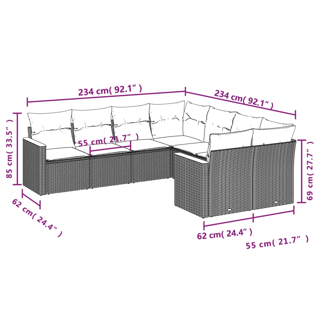 Set canapele de gradina, 8 piese, cu perne, bej, poliratan — imaginea 3