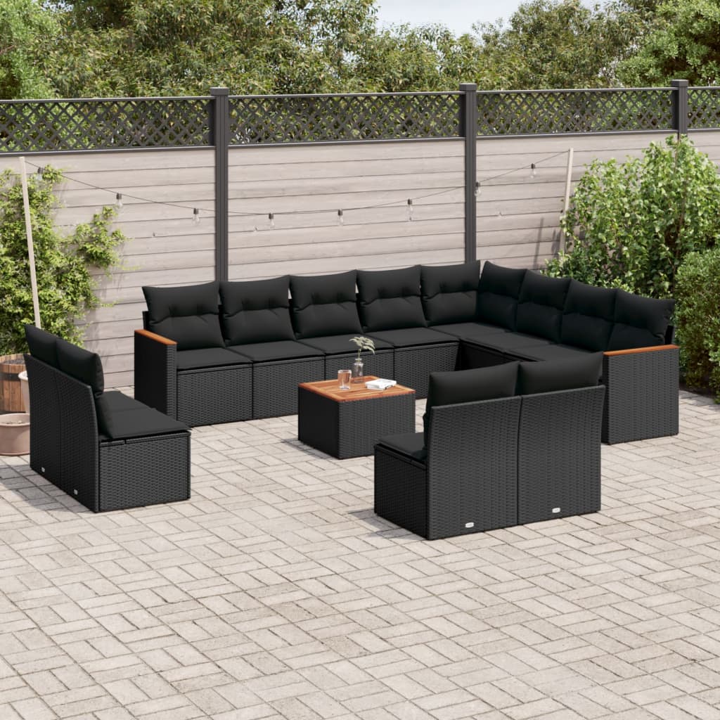 Set mobilier de gradina cu perne, 13 piese, negru, poliratan — imaginea 2