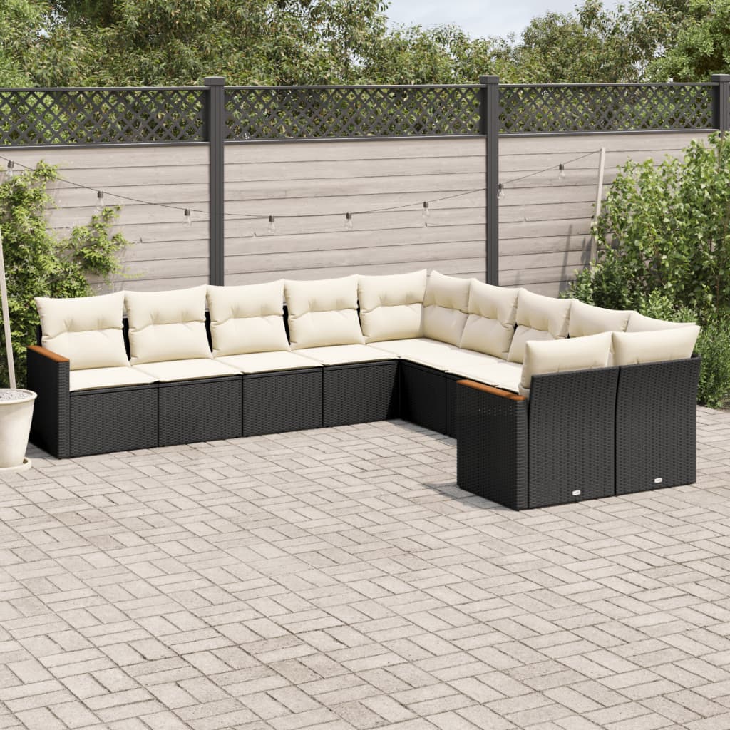 Set canapele de gradina cu perne, 10 piese, negru, poliratan — imaginea 2