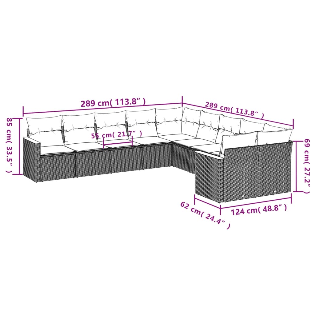 Set canapele de gradina cu perne, 10 piese, negru, poliratan — imaginea 3