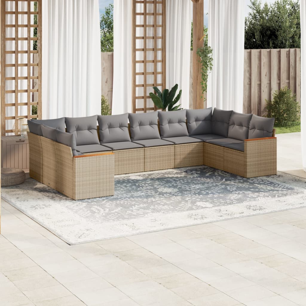Set canapele de gradina cu perne, 10 piese, bej, poliratan — imaginea 2