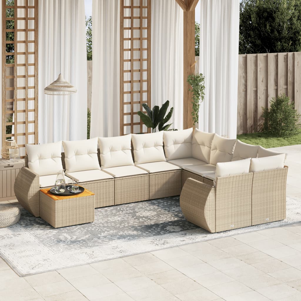 Set canapele de gradina cu perne, 10 piese, bej, poliratan — imaginea 3