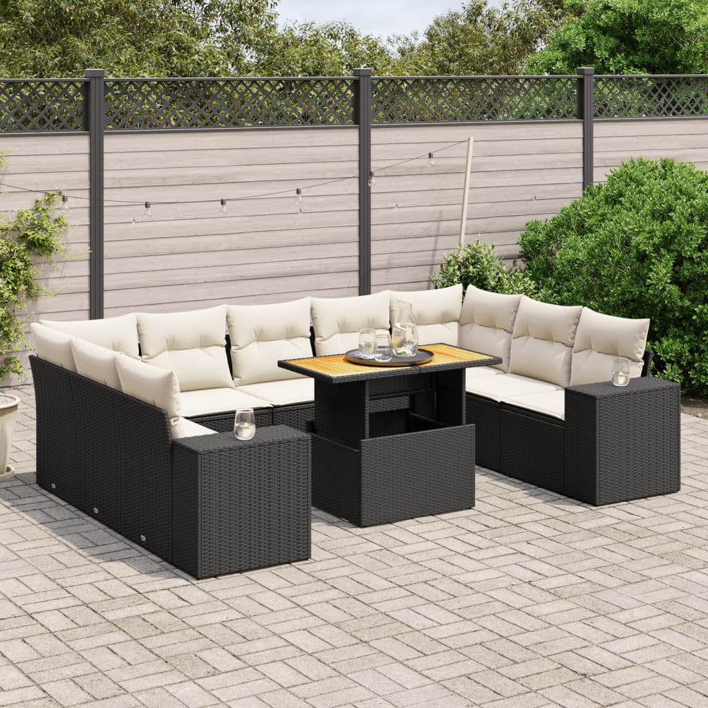 Set canapele de gradina cu perne, 10 piese, negru, poliratan — imaginea 2