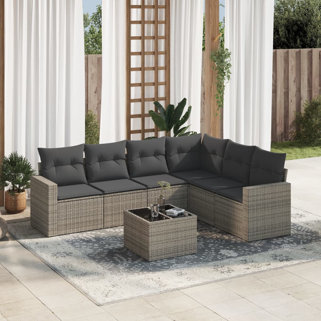 Set canapele de gradina, 7 piese, cu perne, gri, poliratan — imaginea 2