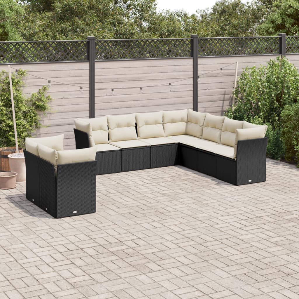 Set mobilier de gradina cu perne, 9 piese, negru, poliratan — imaginea 2