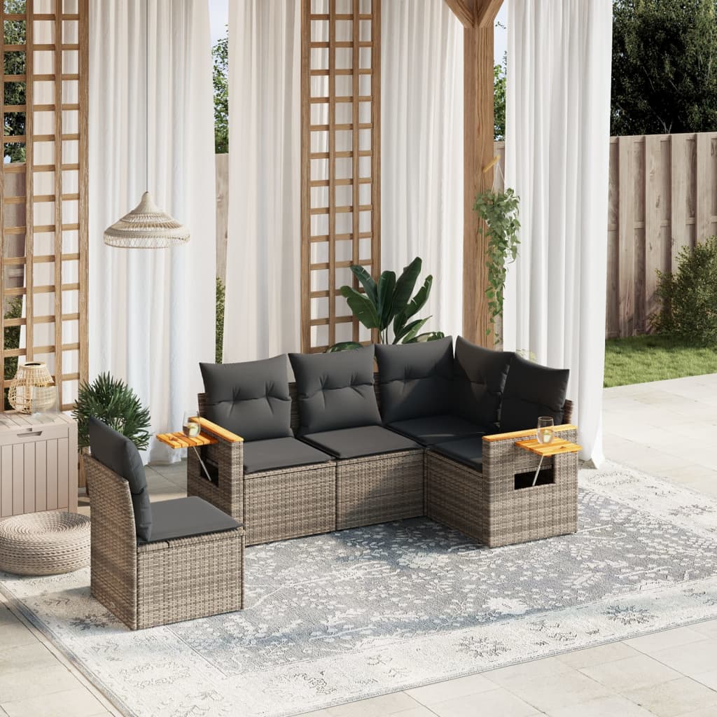 Set canapea de gradina cu perne, 5 piese, gri, poliratan — imaginea 2