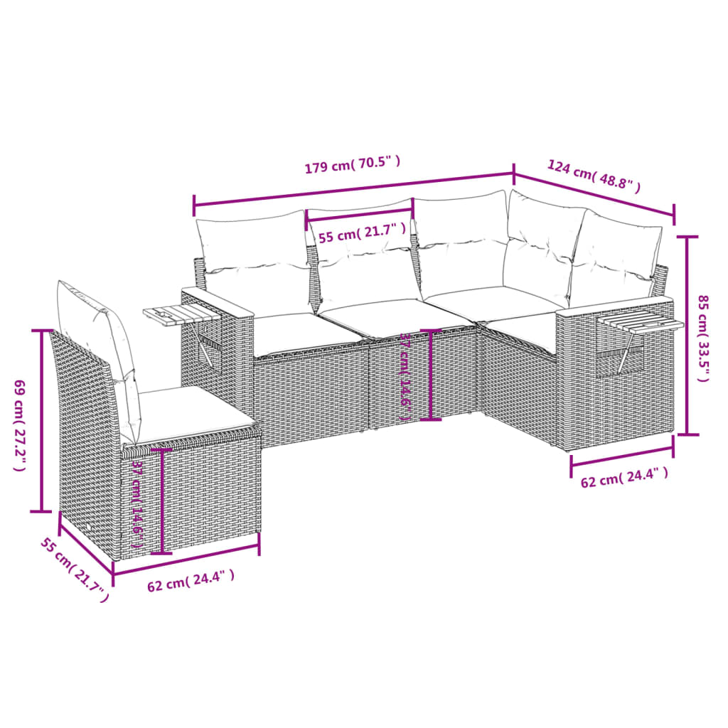 Set canapea de gradina cu perne, 5 piese, gri, poliratan — imaginea 3