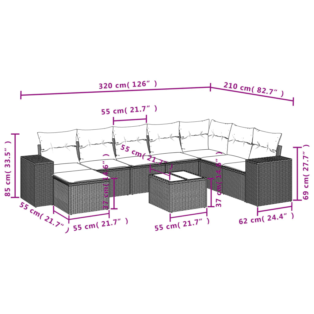 Set mobilier de gradina cu perne, 9 piese, negru, poliratan — imaginea 9