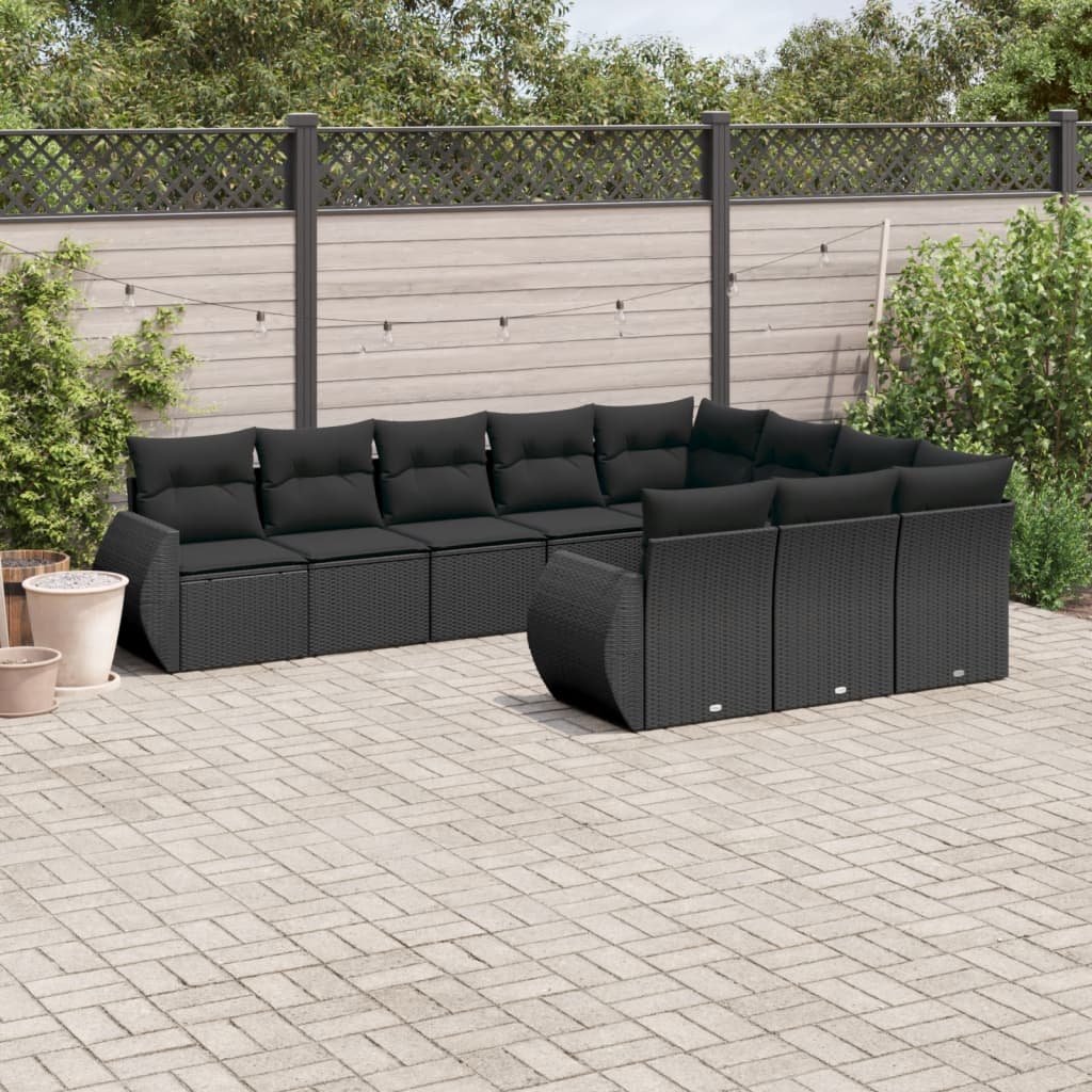 Set canapele de gradina cu perne, 10 piese, negru, poliratan — imaginea 2