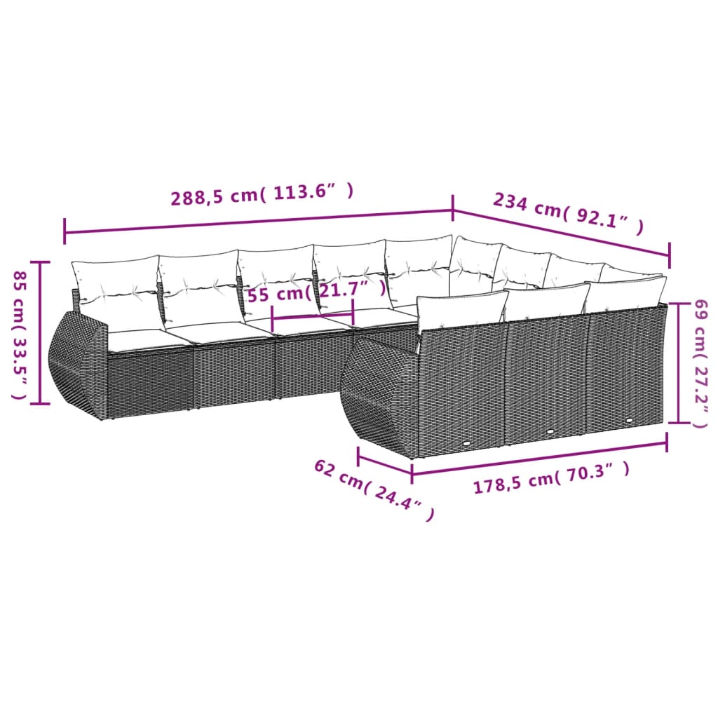 Set canapele de gradina cu perne, 10 piese, negru, poliratan — imaginea 3