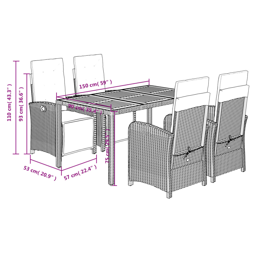 Set mobilier de gradina cu perne, 5 piese, gri, poliratan — imaginea 9