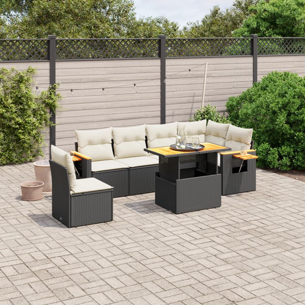 Set canapele de gradina cu perne, 7 piese, negru, poliratan — imaginea 2