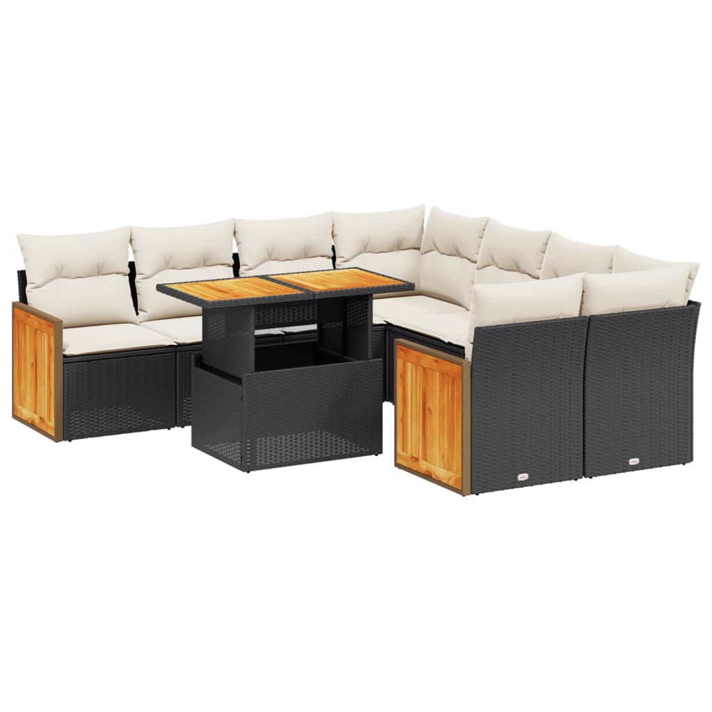 Set mobilier de gradina cu perne, 9 piese, negru, poliratan
