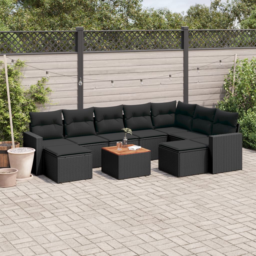 Set canapele de gradina cu perne, 10 piese, negru, poliratan — imaginea 2
