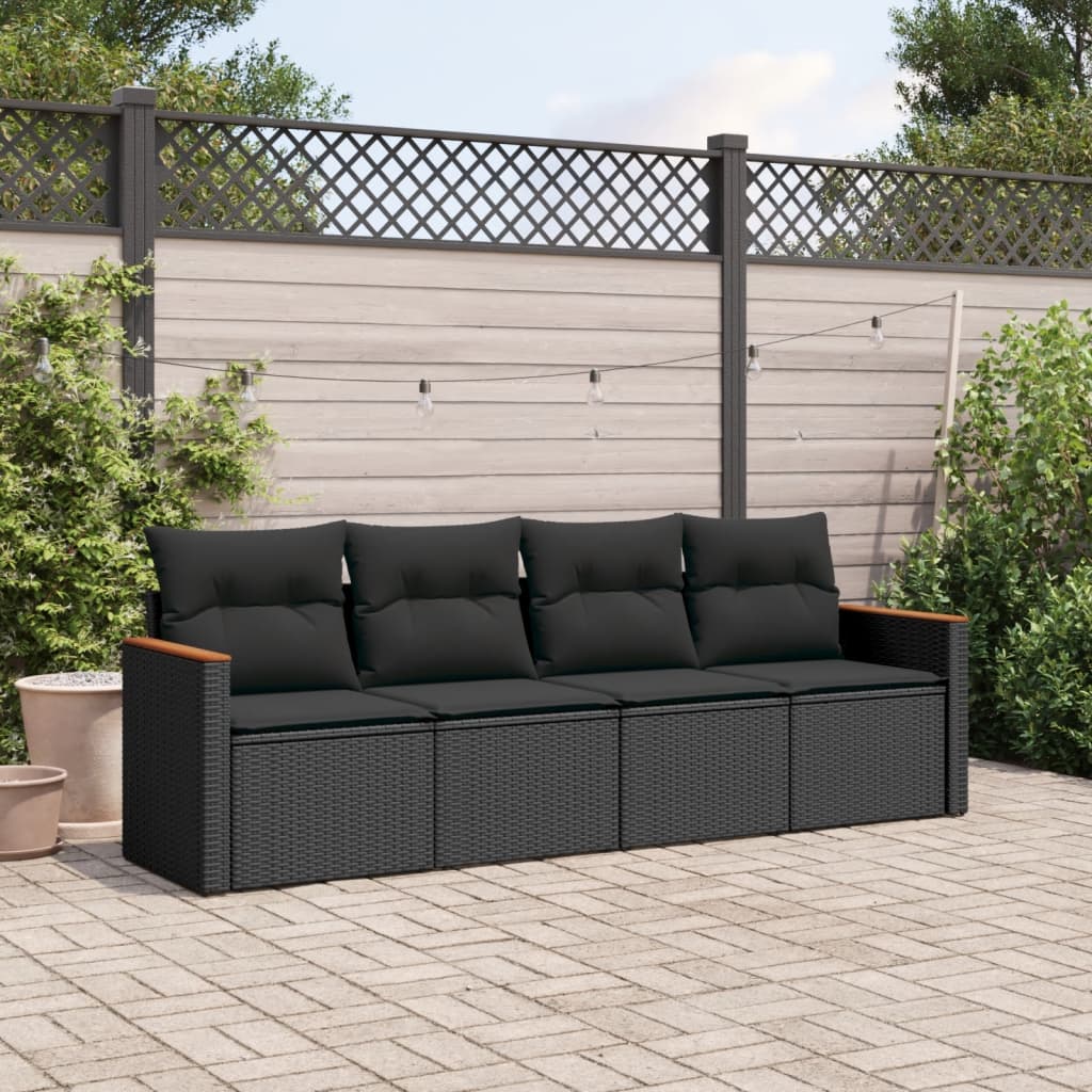 Set mobilier de gradina cu perne, 4 piese, negru, poliratan — imaginea 2
