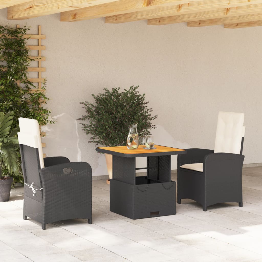 Set mobilier de gradina cu perne, 3 piese, negru, poliratan — imaginea 2
