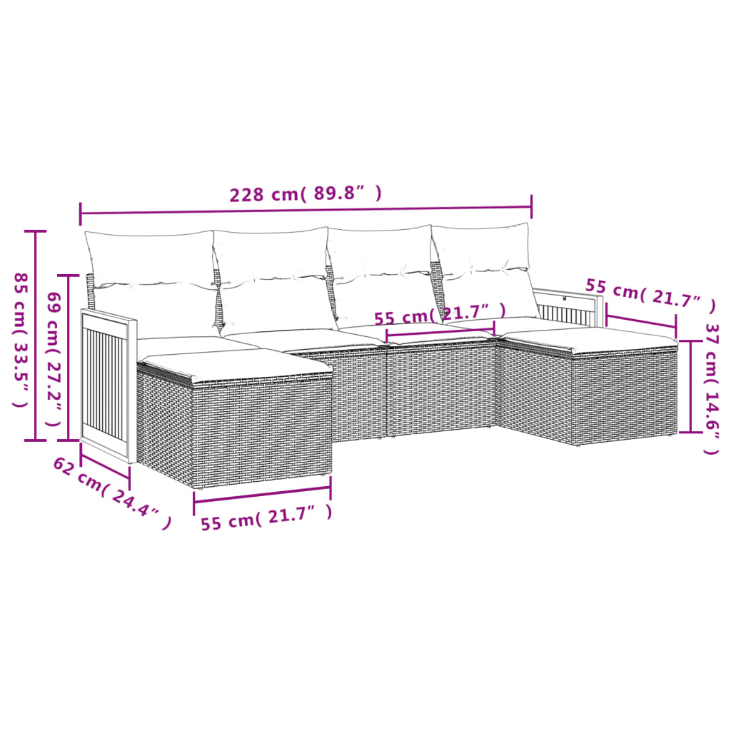 Set canapele de gradina cu perne, 6 piese, bej, poliratan — imaginea 3