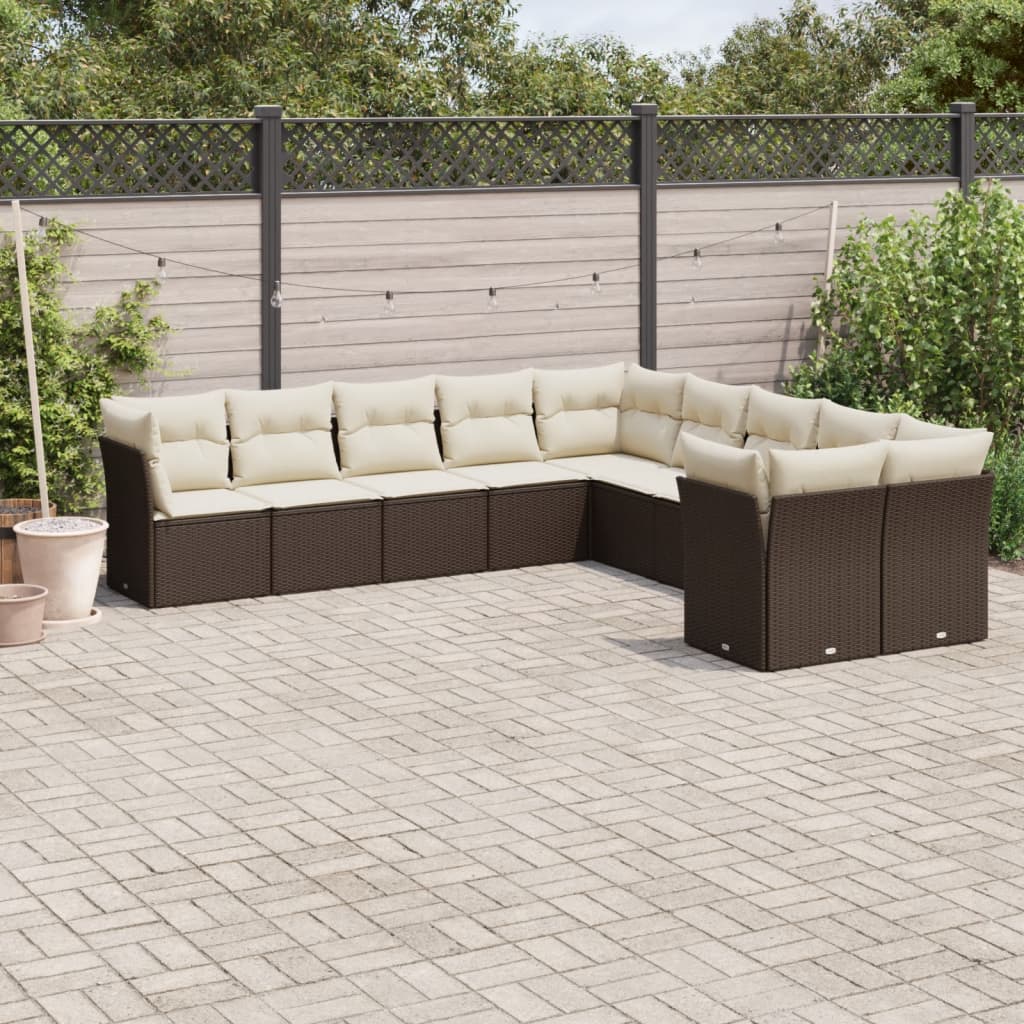 Set canapele de gradina cu perne, 10 piese, maro, poliratan — imaginea 2