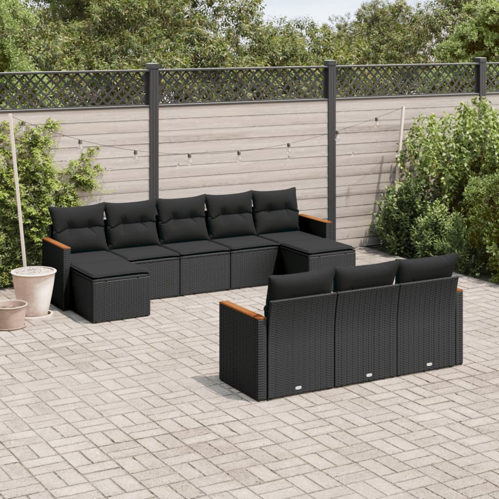 Set canapele de gradina cu perne, 10 piese, negru, poliratan — imaginea 2