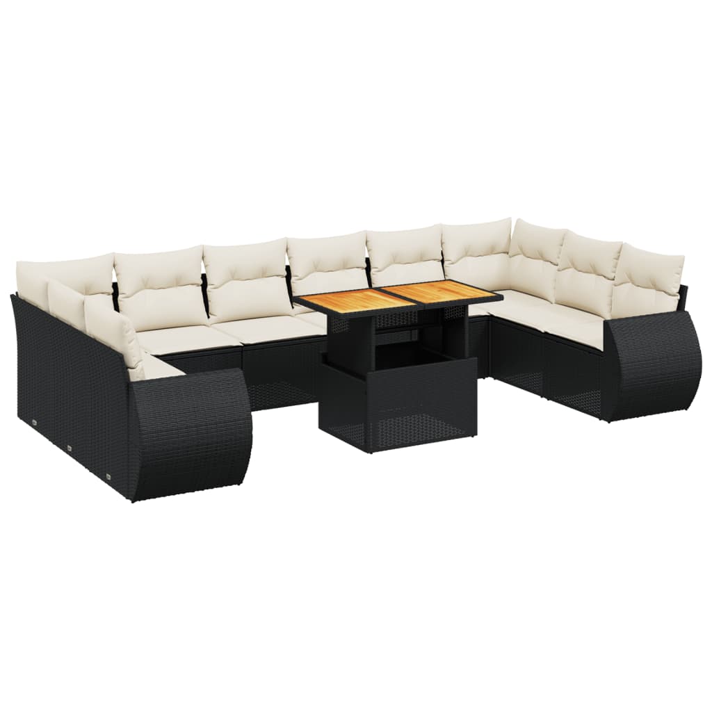 Set canapele de gradina cu perne, 11 piese, negru, poliratan