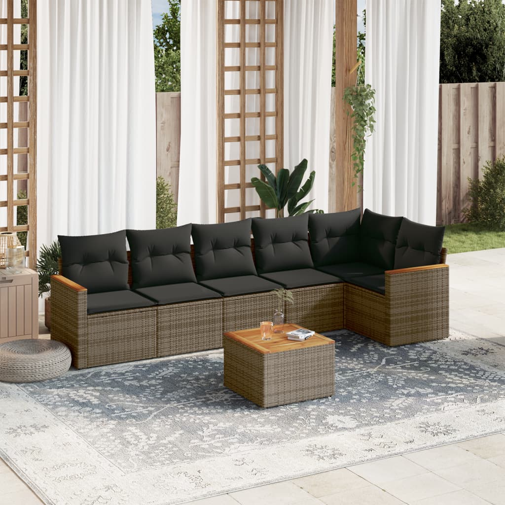 Set canapele de gradina, 7 piese, cu perne, gri, poliratan — imaginea 2