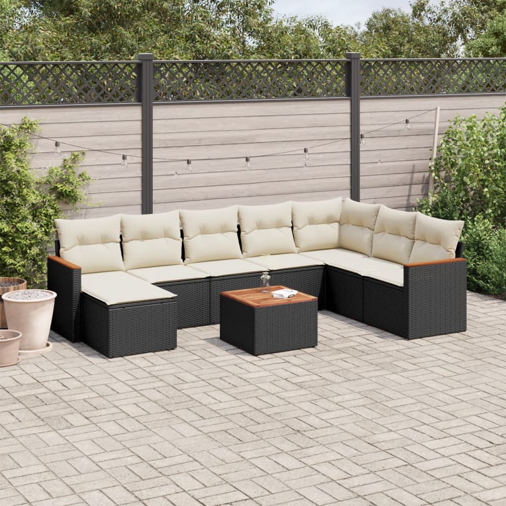 Set mobilier de gradina cu perne, 9 piese, negru, poliratan — imaginea 2