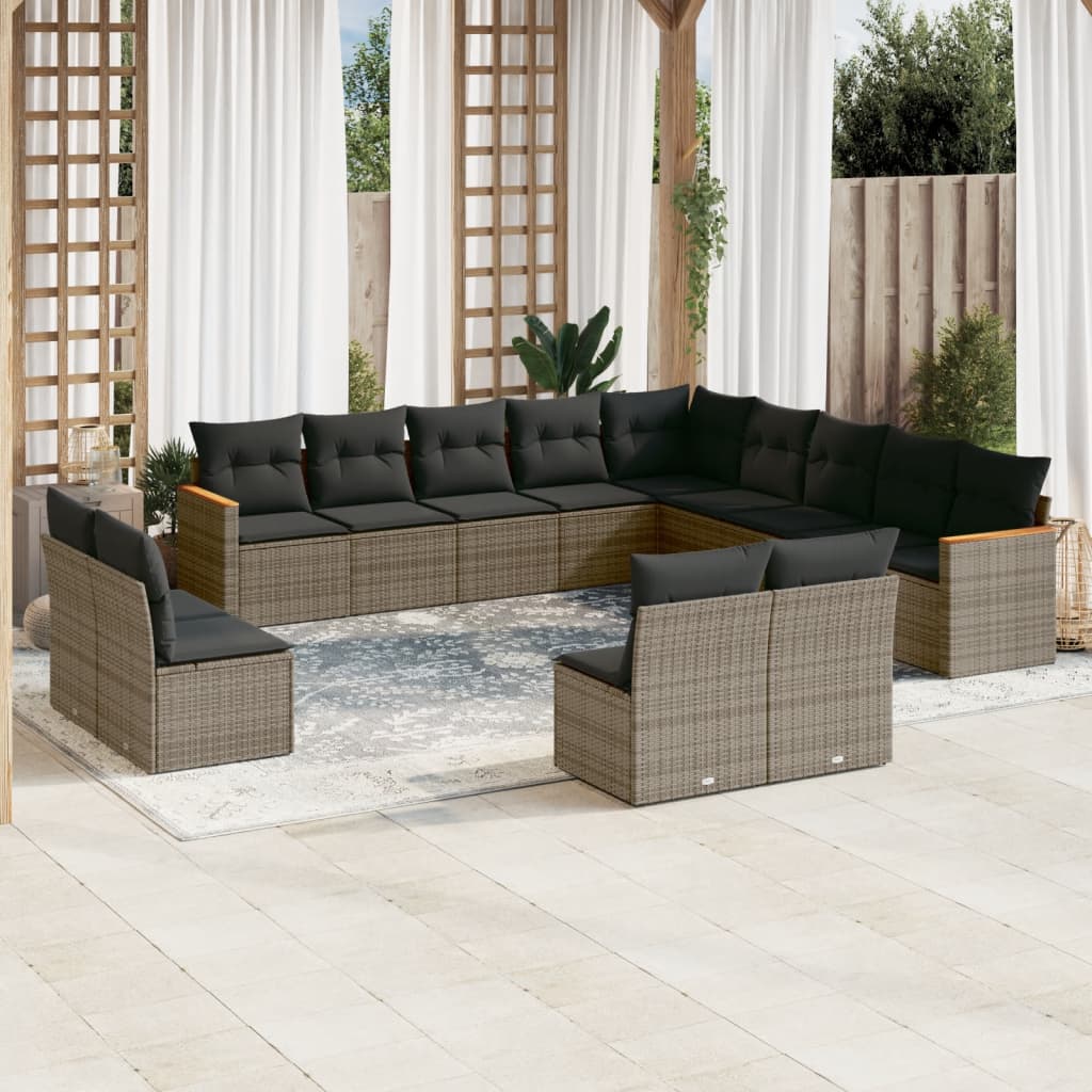 Set mobilier de gradina cu perne, 13 piese, gri, poliratan — imaginea 2