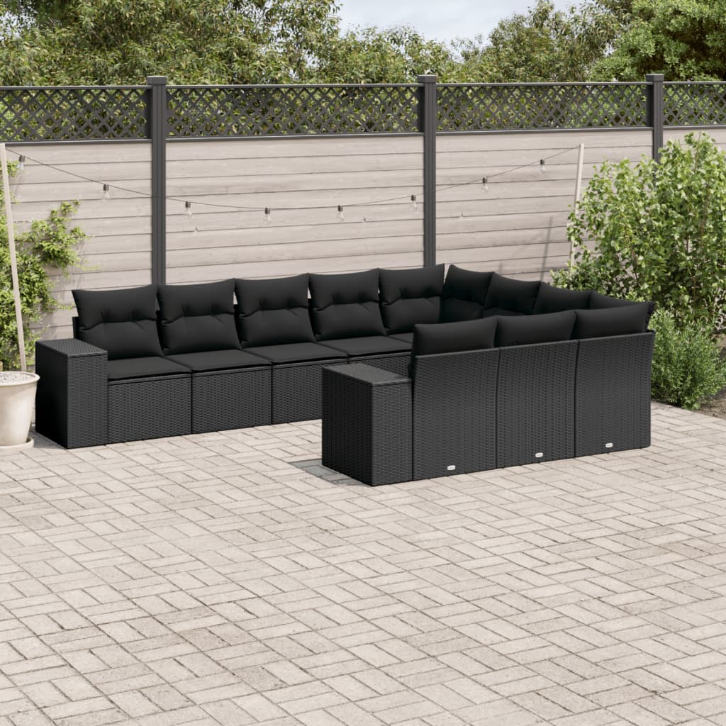 Set canapele de gradina cu perne, 10 piese, negru, poliratan — imaginea 2