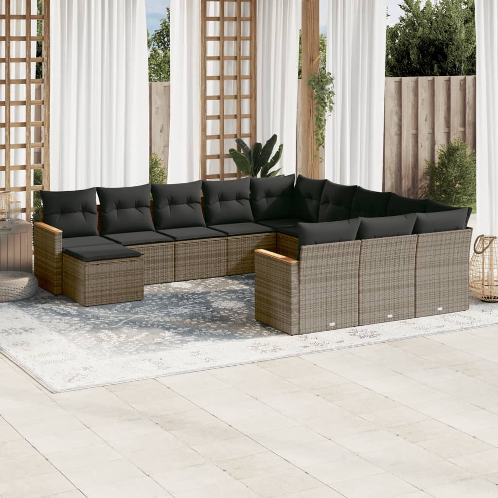 Set canapea de gradina cu perne, 12 piese, gri, poliratan — imaginea 2