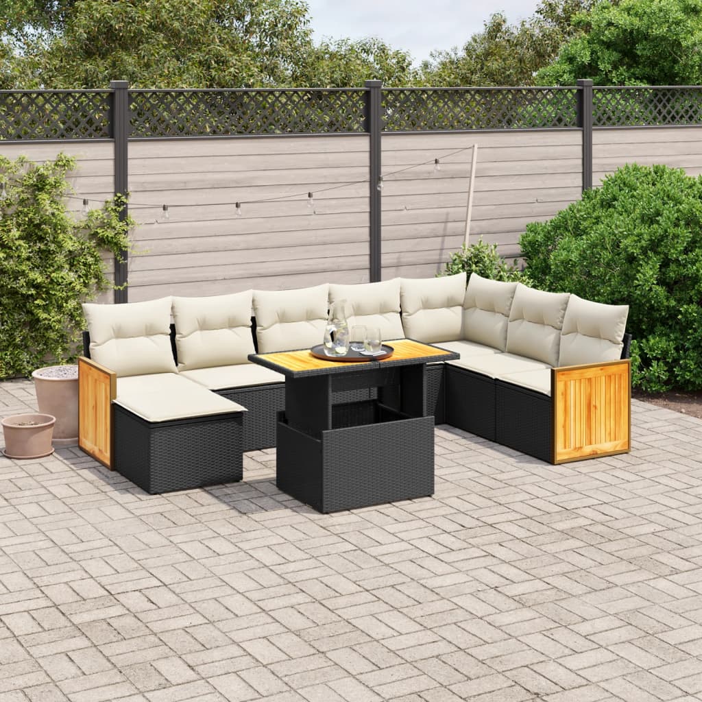 Set mobilier de gradina cu perne, 9 piese, negru, poliratan — imaginea 2