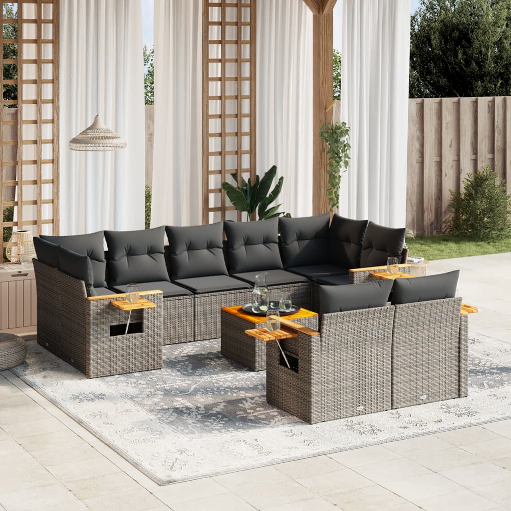 Set mobilier de gradina cu perne, 10 piese, gri, poliratan — imaginea 2