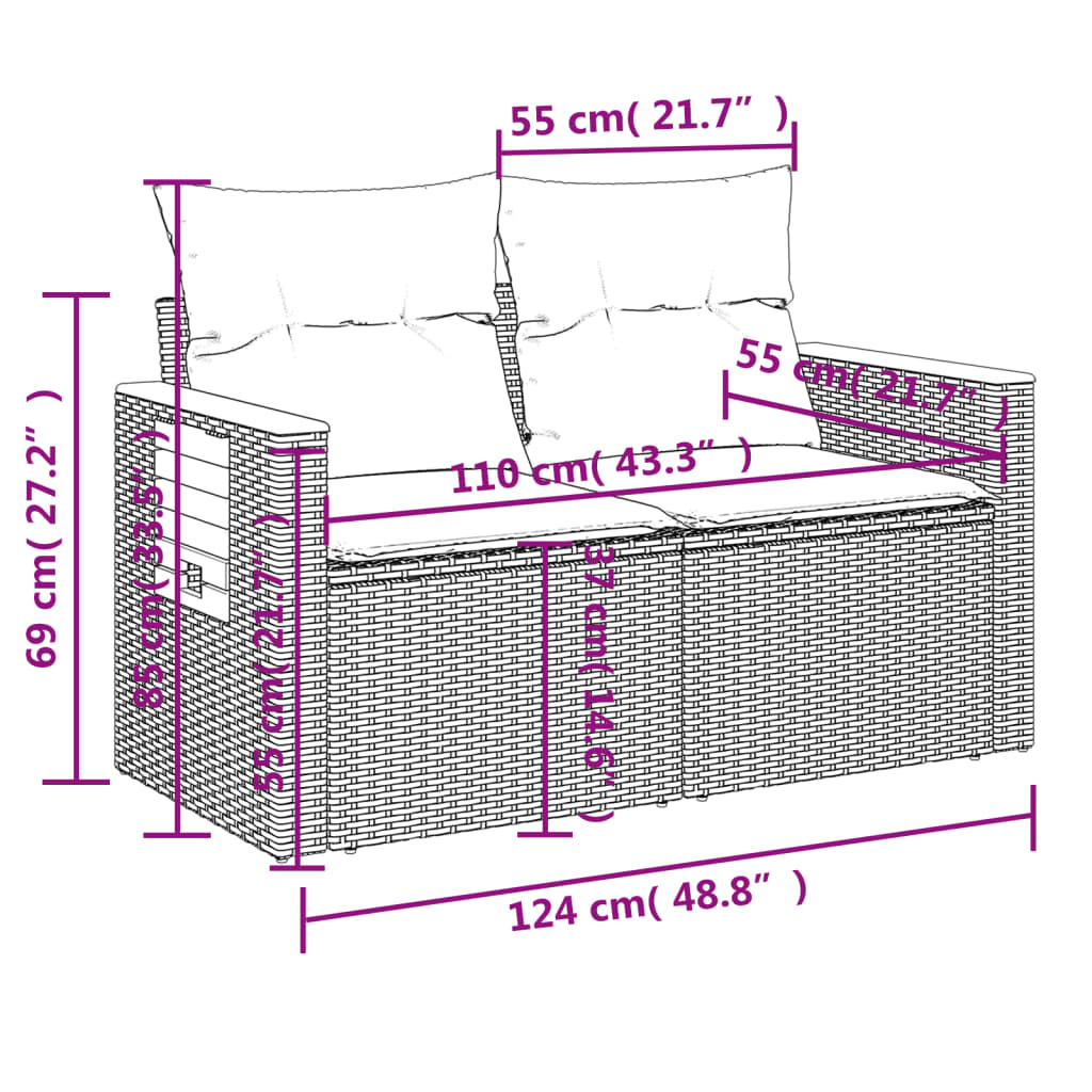 Set mobilier de gradina cu perne, 10 piese, gri, poliratan — imaginea 9