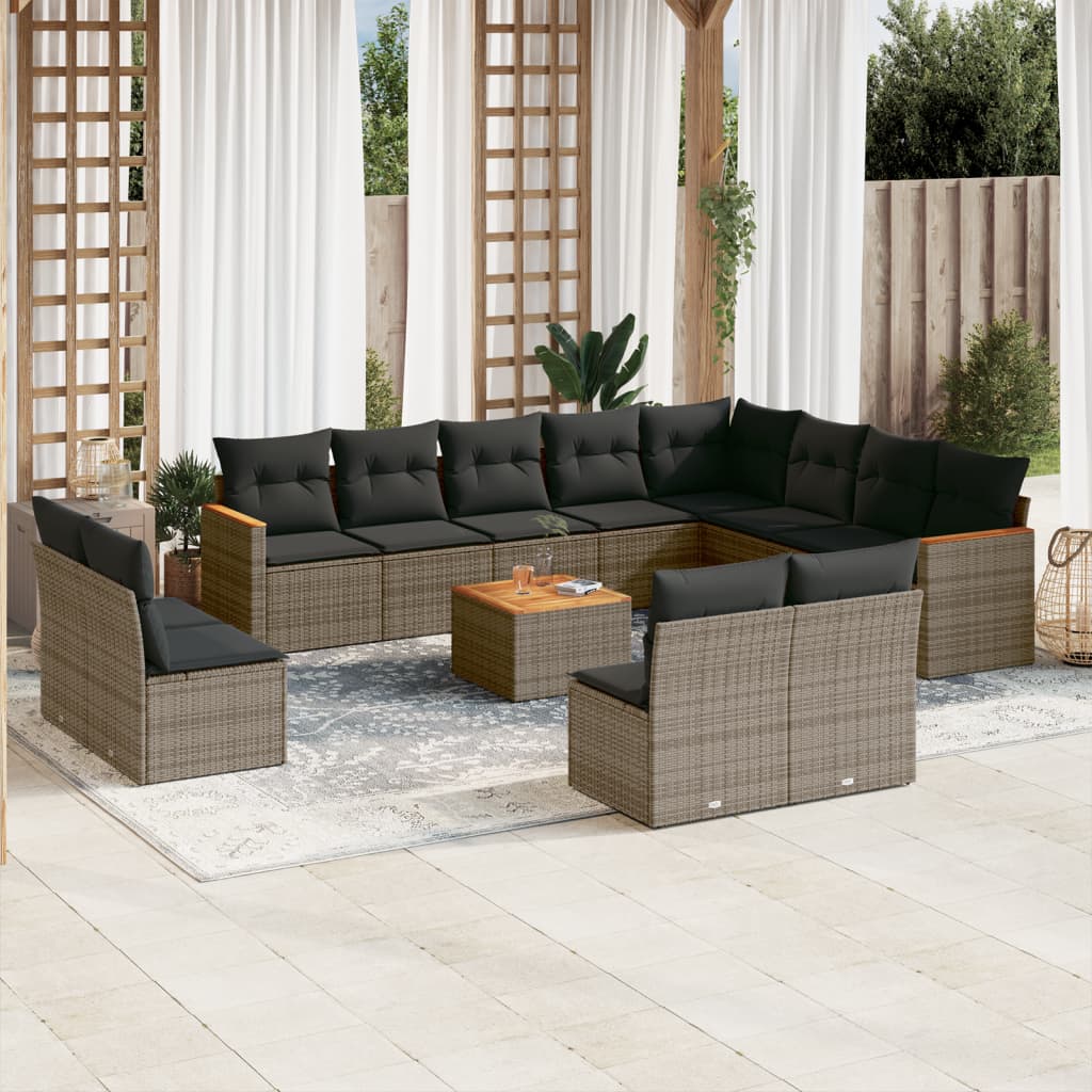 Set mobilier de gradina cu perne, 13 piese, gri, poliratan — imaginea 2