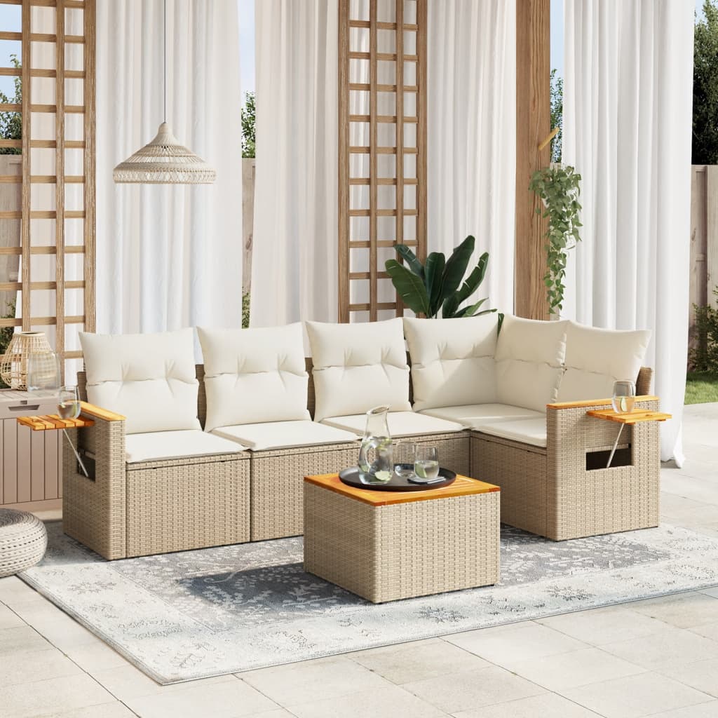 Set canapele de gradina cu perne, 6 piese, bej, poliratan — imaginea 2