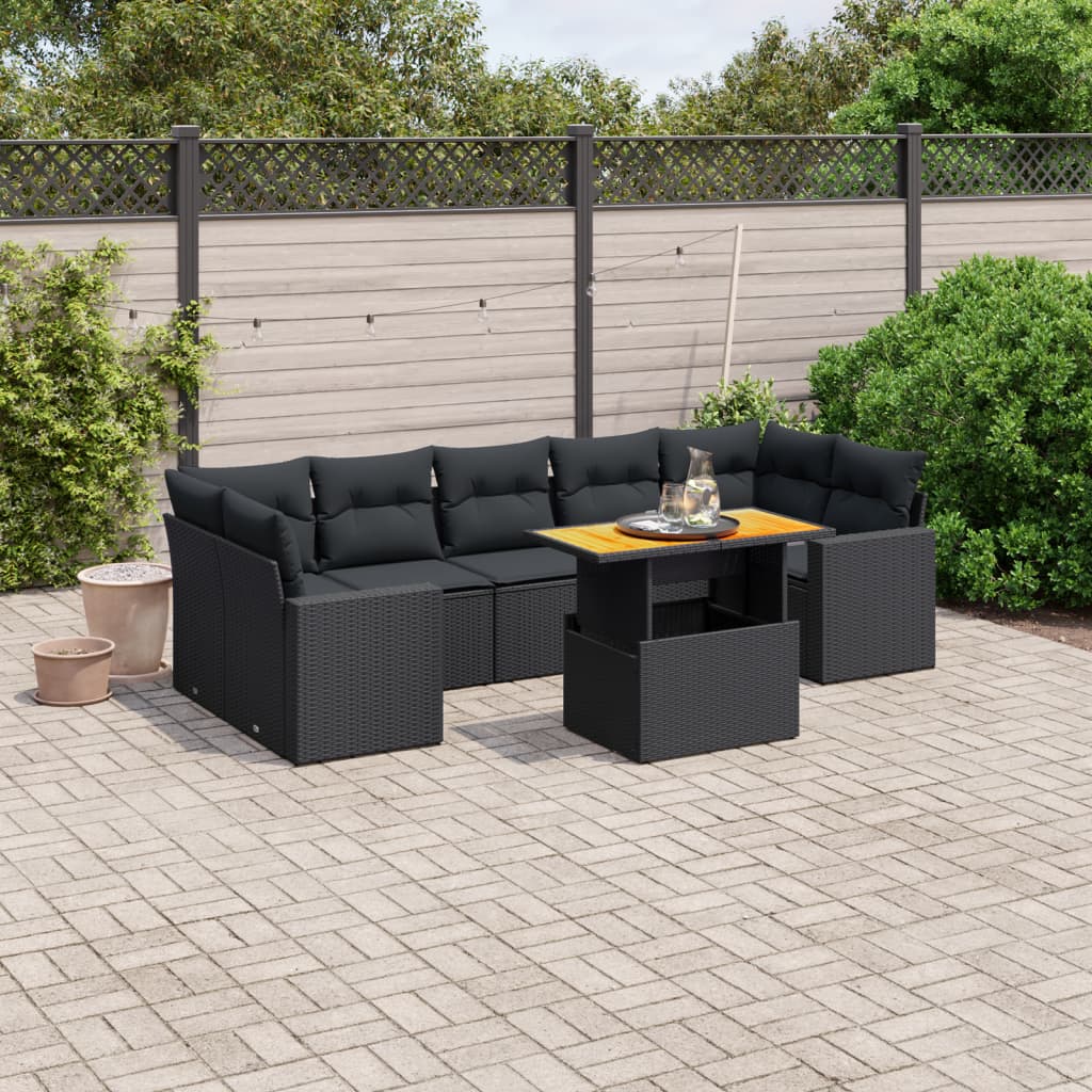 Set mobilier de gradina cu perne, 8 piese, negru, poliratan — imaginea 2