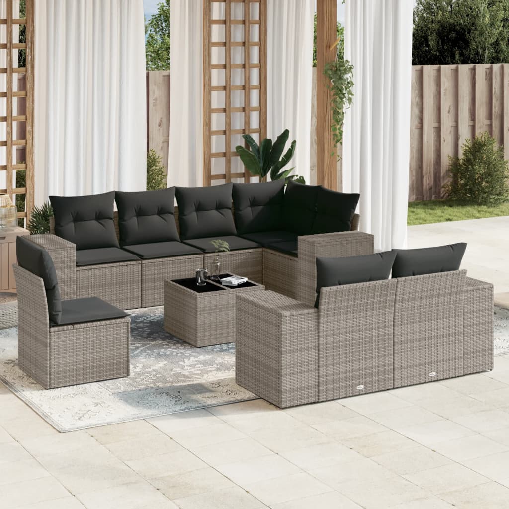 Set canapele de gradina, 9 piese, cu perne, gri, poliratan — imaginea 2
