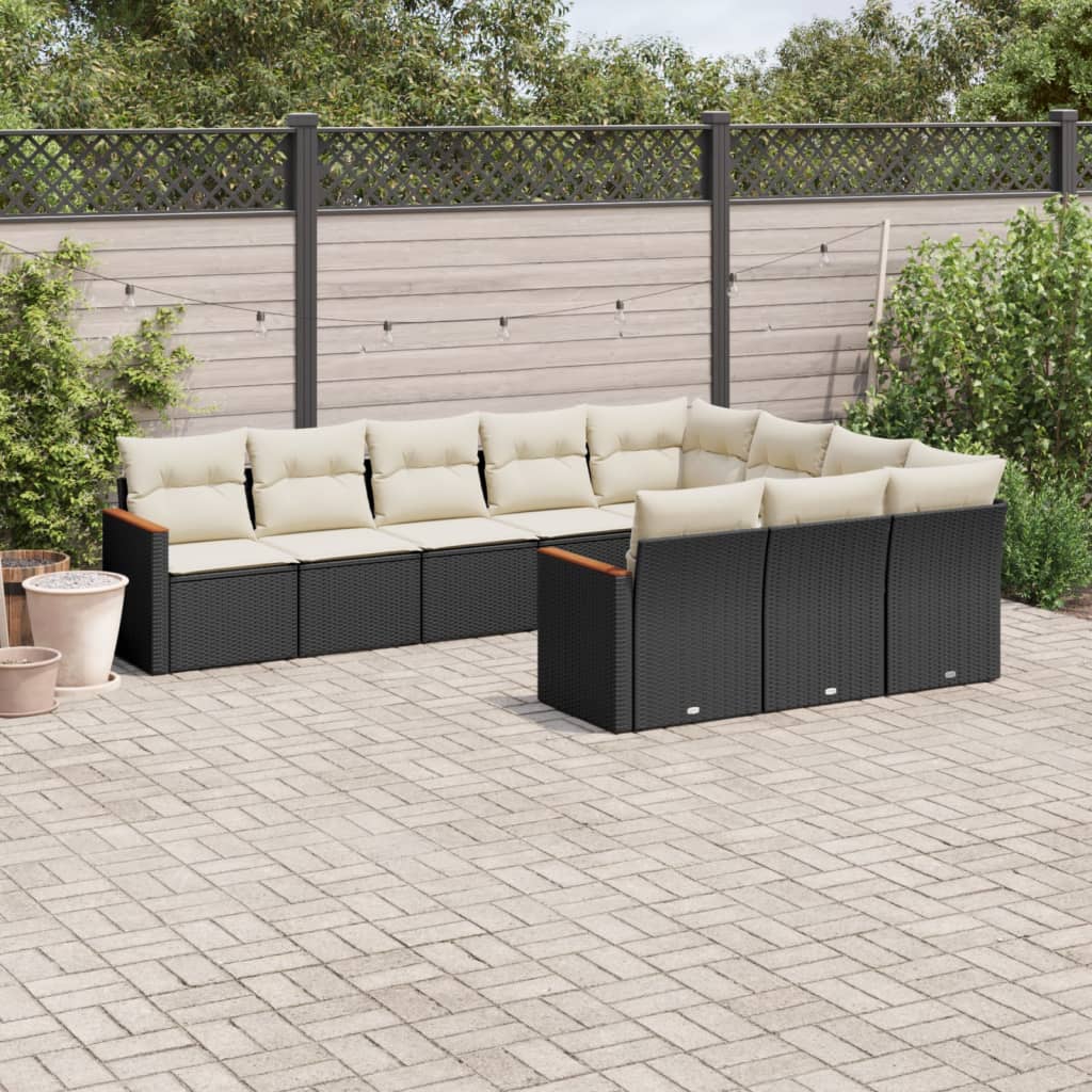 Set canapele de gradina cu perne, 10 piese, negru, poliratan — imaginea 2