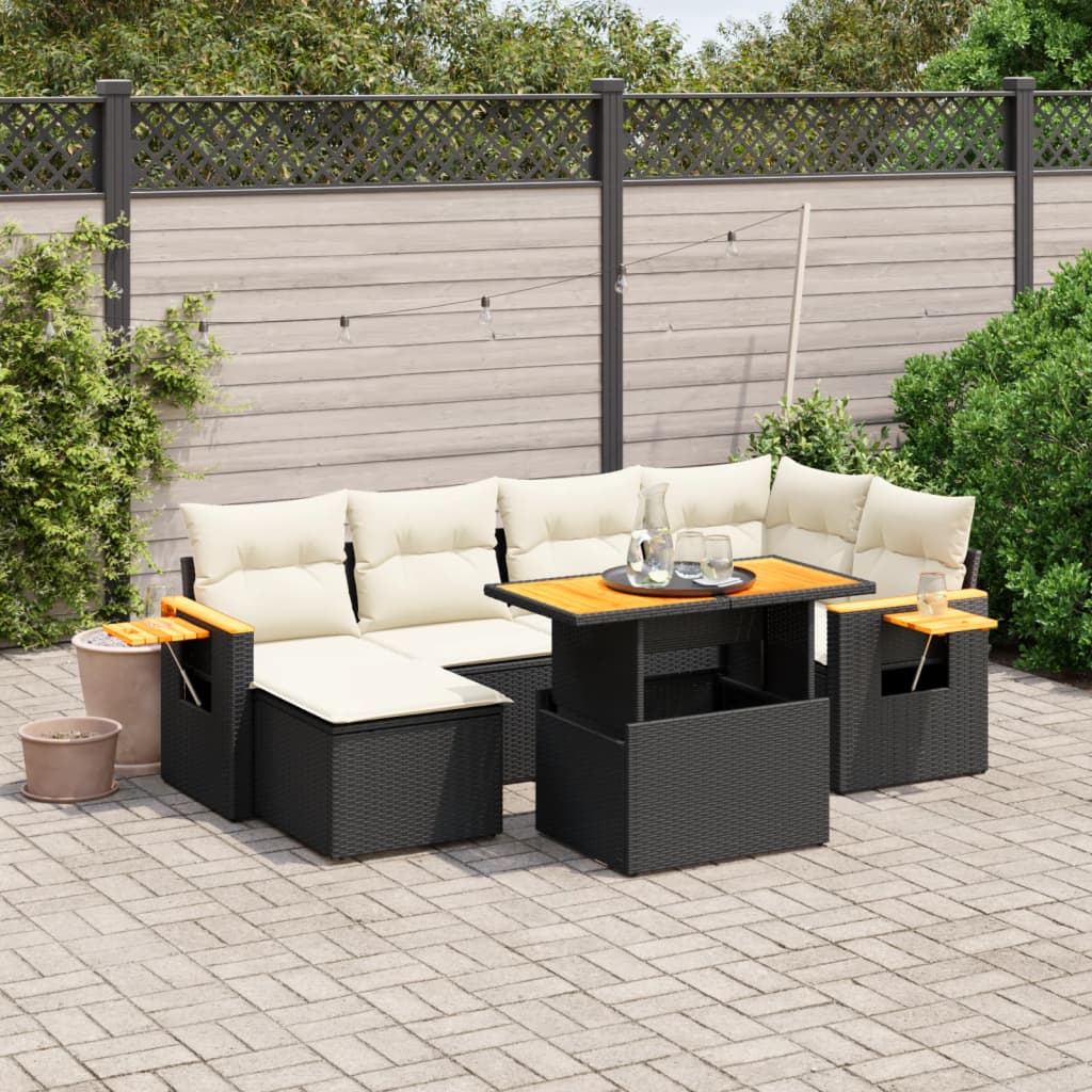 Set canapele de gradina cu perne, 7 piese, negru, poliratan — imaginea 2