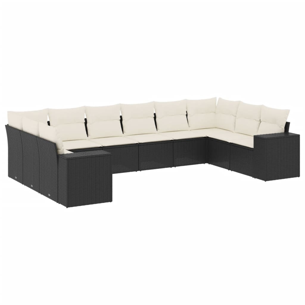 Set canapele de gradina cu perne, 10 piese, negru, poliratan