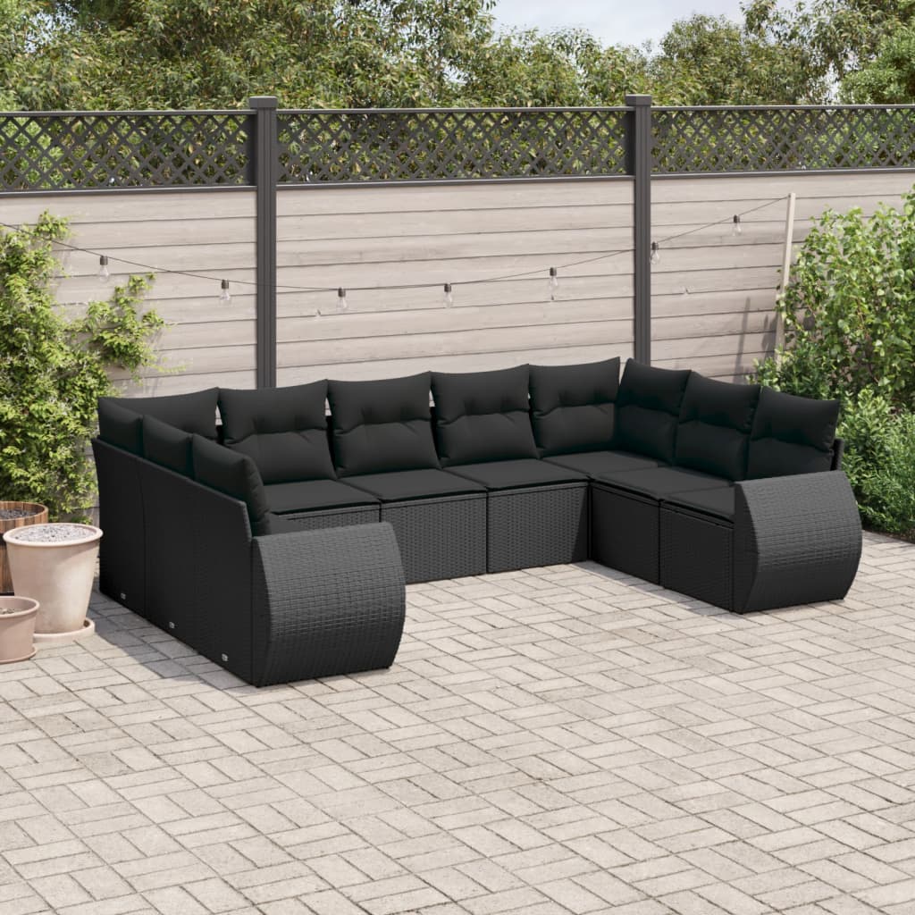 Set mobilier de gradina cu perne, 9 piese, negru, poliratan — imaginea 2