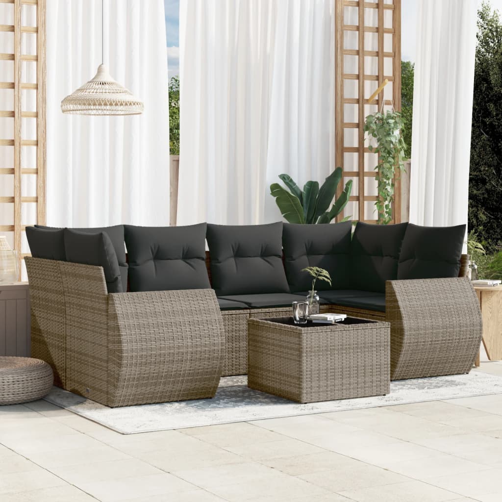 Set canapele de gradina, 7 piese, cu perne, gri, poliratan — imaginea 2