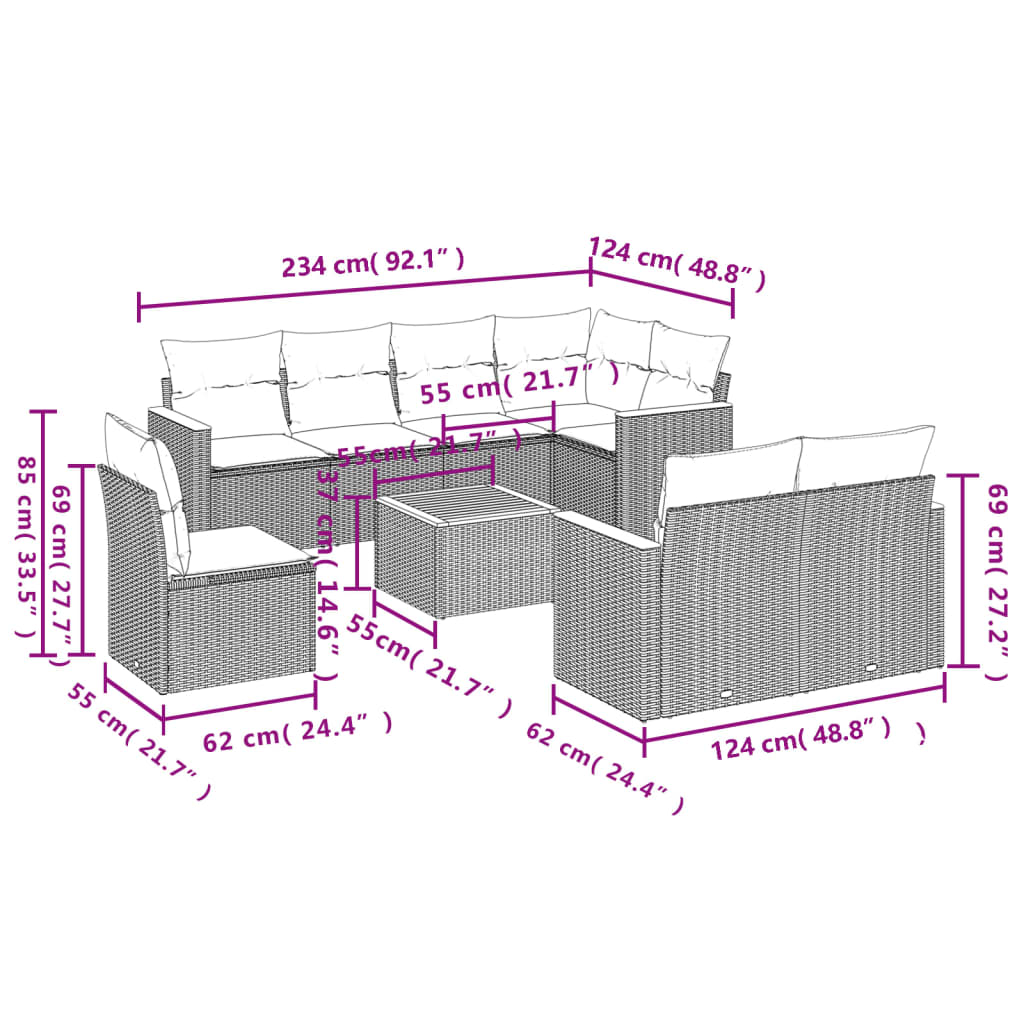 Set mobilier de gradina cu perne, 9 piese, negru, poliratan — imaginea 8
