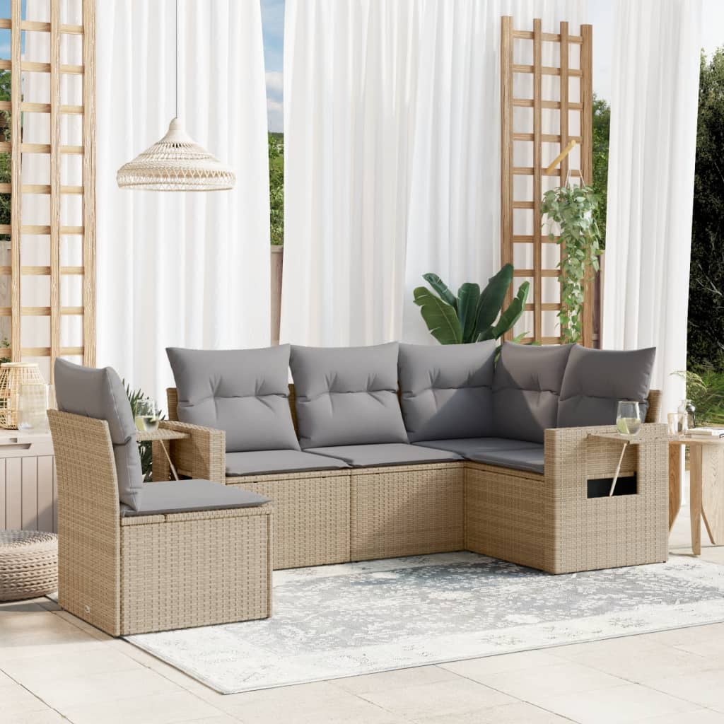 Set canapele de gradina cu perne, 5 piese, bej, poliratan — imaginea 2